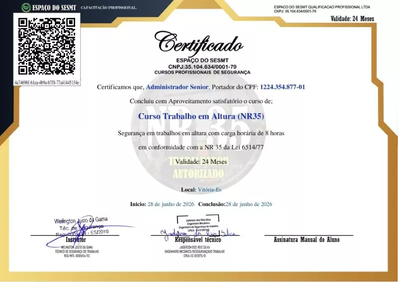 Certificado NR 35 - Curso NR33 e NR35