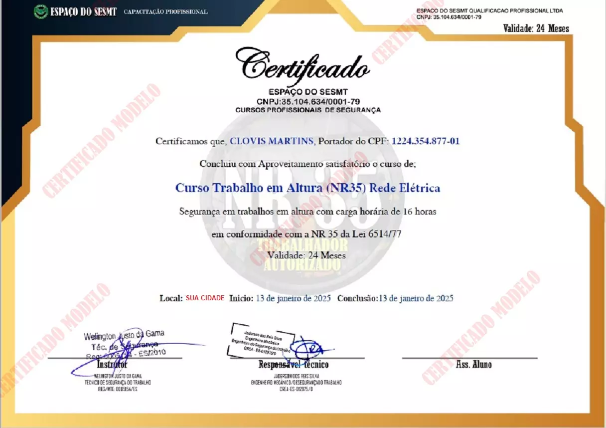 CERTIFICADO NR35 REDE ELETRICA CURSO NR 35 PARA ELETRICISTA