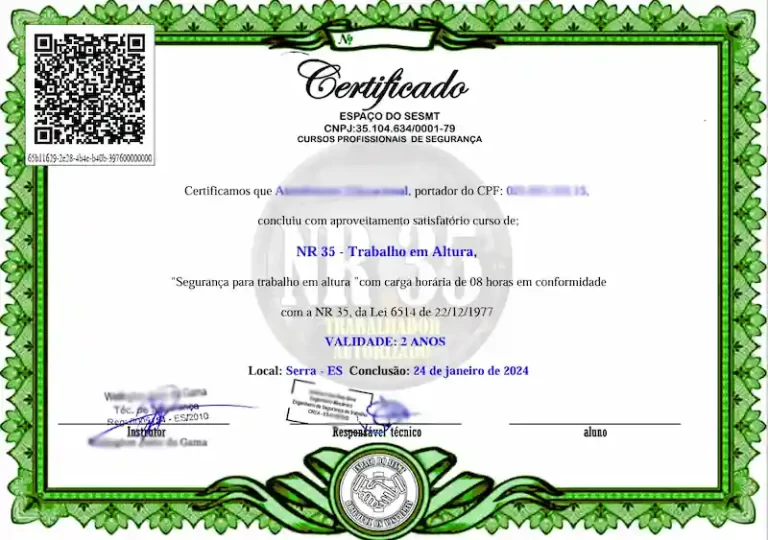 Certificado NR 35 - Curso NR20 e NR35