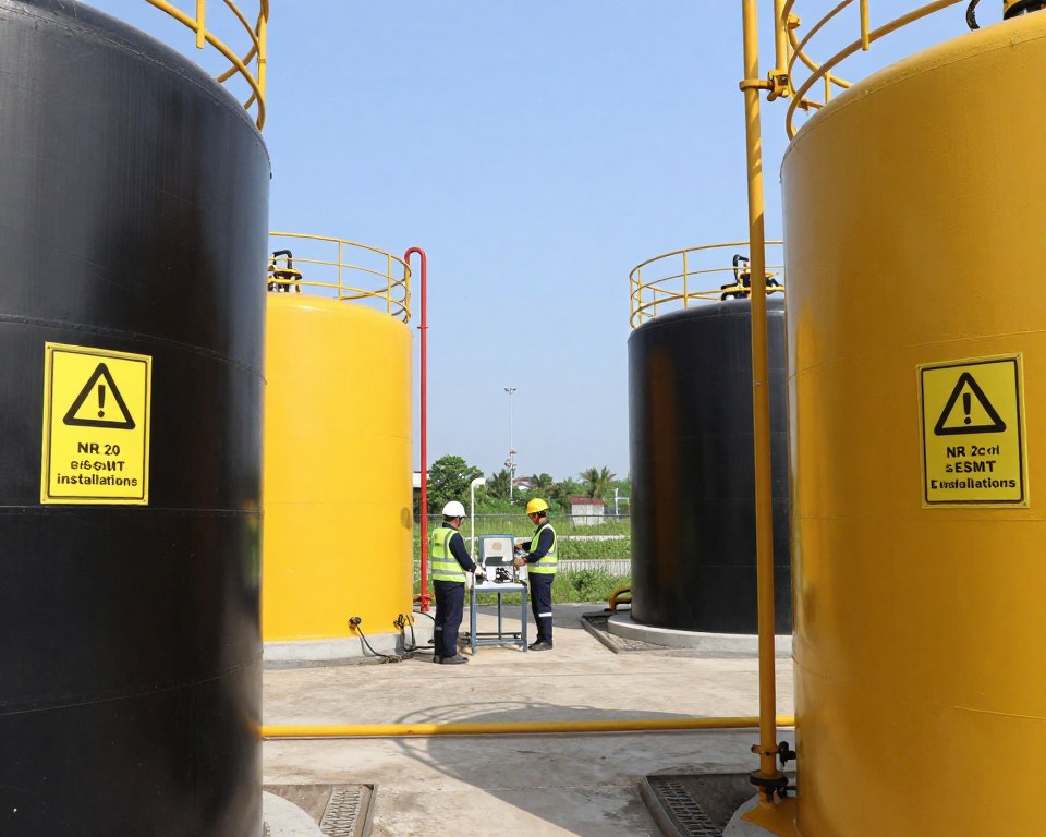 A detailed and professional depiction of "NR 20 installations" as described by the regulations, showing a safe industrial environment focused on hydrocarbon storage. In the foreground, illustrate well-maintained storage tanks labeled with safety signs, painted in bright yellow and black for high visibility. The middle ground should feature a clean, organized workspace with workers in professional safety gear, wearing helmets and reflective vests, engaged in monitoring equipment setups. The background includes a clear blue sky and greenery, emphasizing a commitment to safety and the environment. Use bright, natural lighting to convey a sense of clarity and professionalism. The overall atmosphere should reflect diligence and compliance with safety standards, promoting the training initiatives of “Espaço do SESMT” for NR 20 courses, ensuring the image remains focused on the subject without any text or distractions. A detailed and professional depiction of "NR 20 installations" as described by the regulations, showing a safe industrial environment focused on hydrocarbon storage. In the foreground, illustrate well-maintained storage tanks labeled with safety signs, painted in bright yellow and black for high visibility. The middle ground should feature a clean, organized workspace with workers in professional safety gear, wearing helmets and reflective vests, engaged in monitoring equipment setups. The background includes a clear blue sky and greenery, emphasizing a commitment to safety and the environment. Use bright, natural lighting to convey a sense of clarity and professionalism. The overall atmosphere should reflect diligence and compliance with safety standards, promoting the training initiatives of “Espaço do SESMT” for NR 20 courses, ensuring the image remains focused on the subject without any text or distractions.