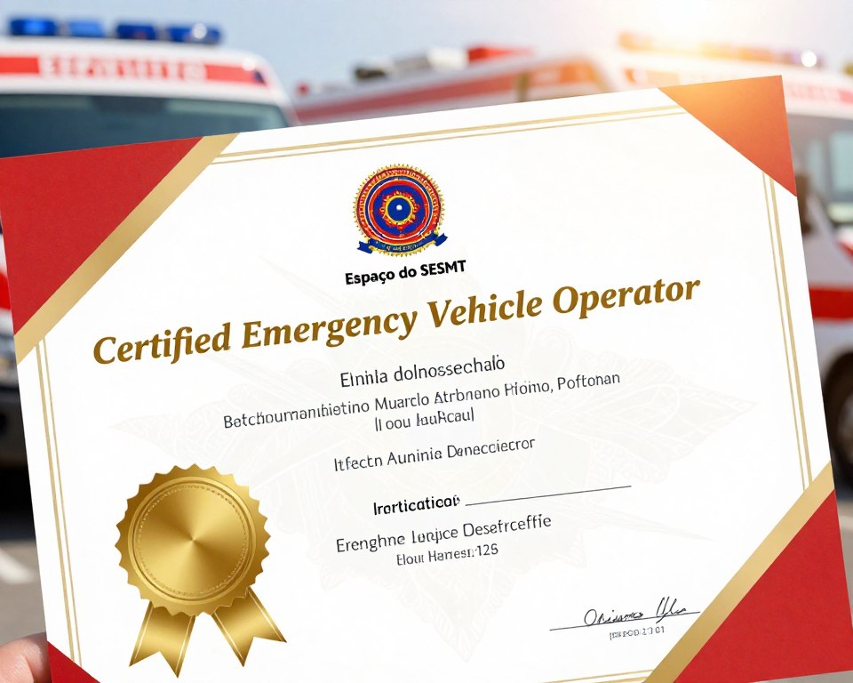A detailed certification diploma for emergency vehicle operators, featuring the logo of "Espaço do SESMT" prominently at the top. The foreground displays an elegant gold seal that symbolizes certification, along with the words "Certified Emergency Vehicle Operator" in an ornate font. In the middle, the diploma should have a clean white background with decorative borders and an area designated for a name and registration number, conveying a professional appearance. The background includes subtle imagery of emergency vehicles, like ambulances and fire trucks, softly blurred to keep the focus on the diploma itself. The lighting is bright and inviting, casting a warm glow over the certification, evoking a sense of achievement and professionalism. The atmosphere is one of pride and importance, suitable for an official document. A detailed certification diploma for emergency vehicle operators, featuring the logo of "Espaço do SESMT" prominently at the top. The foreground displays an elegant gold seal that symbolizes certification, along with the words "Certified Emergency Vehicle Operator" in an ornate font. In the middle, the diploma should have a clean white background with decorative borders and an area designated for a name and registration number, conveying a professional appearance. The background includes subtle imagery of emergency vehicles, like ambulances and fire trucks, softly blurred to keep the focus on the diploma itself. The lighting is bright and inviting, casting a warm glow over the certification, evoking a sense of achievement and professionalism. The atmosphere is one of pride and importance, suitable for an official document.