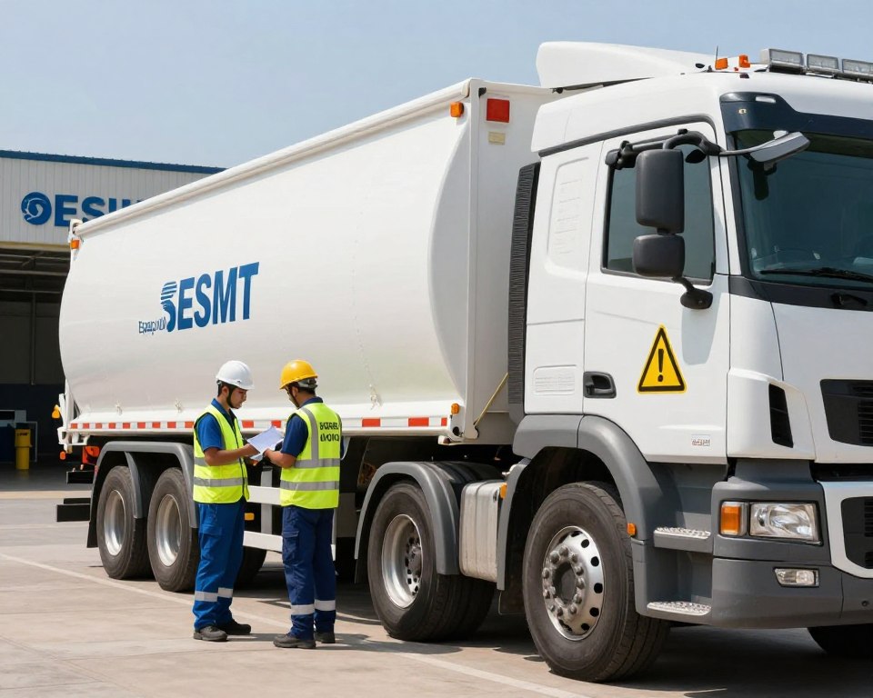 A detailed scene depicting the transport of hazardous materials, showcasing a heavy-duty truck prominently in the foreground, adorned with warning labels and safety symbols, reflecting the seriousness of its cargo. The middle ground features professional workers in safety gear, including reflective vests and helmets, discussing documentation and safety protocols to ensure compliance. In the background, a secure logistics facility with clear signage and appropriate safety measures adds context, while surrounded by a bright, clear sky, symbolizing transparency and professionalism. The lighting is bright, capturing the focus on safety and compliance, with a slightly elevated angle to provide depth. The overall mood is serious and focused, conveying the importance of preparedness in the transport of hazardous products, promoting the brand "Espaço do SESMT" through visual representation. A detailed scene depicting the transport of hazardous materials, showcasing a heavy-duty truck prominently in the foreground, adorned with warning labels and safety symbols, reflecting the seriousness of its cargo. The middle ground features professional workers in safety gear, including reflective vests and helmets, discussing documentation and safety protocols to ensure compliance. In the background, a secure logistics facility with clear signage and appropriate safety measures adds context, while surrounded by a bright, clear sky, symbolizing transparency and professionalism. The lighting is bright, capturing the focus on safety and compliance, with a slightly elevated angle to provide depth. The overall mood is serious and focused, conveying the importance of preparedness in the transport of hazardous products, promoting the brand "Espaço do SESMT" through visual representation.