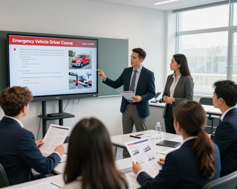 A detailed training environment showcasing the "Emergency Vehicle Driver Course" modules, presented by Espaço do SESMT. In the foreground, a diverse group of professional instructors in business attire engages with students, displaying interactive training materials. The middle ground features digital screens and simulation equipment illustrating the course content, with diagrams and vehicle operation guidelines prominently displayed. In the background, a bright, well-lit classroom setting emphasizes a modern learning atmosphere, with large windows allowing natural light to flood in. The overall mood is focused and professional, capturing the essence of dedicated training in emergency vehicle operations. The angle is slightly elevated to encompass the entire setting, highlighting engagement and learning. The image is free from any text, ensuring clarity and a clean presentation. A detailed training environment showcasing the "Emergency Vehicle Driver Course" modules, presented by Espaço do SESMT. In the foreground, a diverse group of professional instructors in business attire engages with students, displaying interactive training materials. The middle ground features digital screens and simulation equipment illustrating the course content, with diagrams and vehicle operation guidelines prominently displayed. In the background, a bright, well-lit classroom setting emphasizes a modern learning atmosphere, with large windows allowing natural light to flood in. The overall mood is focused and professional, capturing the essence of dedicated training in emergency vehicle operations. The angle is slightly elevated to encompass the entire setting, highlighting engagement and learning. The image is free from any text, ensuring clarity and a clean presentation.