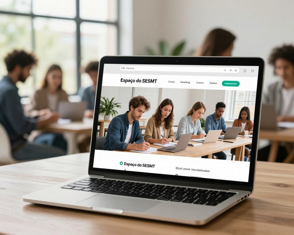 A modern and inviting online course platform, featuring a sleek, user-friendly interface on a laptop screen at the forefront. In the middle ground, a diverse group of professionals—both men and women—engaged in learning. They are dressed in smart casual attire, focused on their screens while taking notes. The background showcases a bright, airy workspace with large windows, natural light illuminating the room and creating a warm atmosphere. Soft greenery is visible outside the windows, adding a touch of calmness. The overall scene embodies a productive and motivational learning environment, emphasizing the brand "Espaço do SESMT" through the aesthetic of the website displayed on the laptop. A modern and inviting online course platform, featuring a sleek, user-friendly interface on a laptop screen at the forefront. In the middle ground, a diverse group of professionals—both men and women—engaged in learning. They are dressed in smart casual attire, focused on their screens while taking notes. The background showcases a bright, airy workspace with large windows, natural light illuminating the room and creating a warm atmosphere. Soft greenery is visible outside the windows, adding a touch of calmness. The overall scene embodies a productive and motivational learning environment, emphasizing the brand "Espaço do SESMT" through the aesthetic of the website displayed on the laptop.
