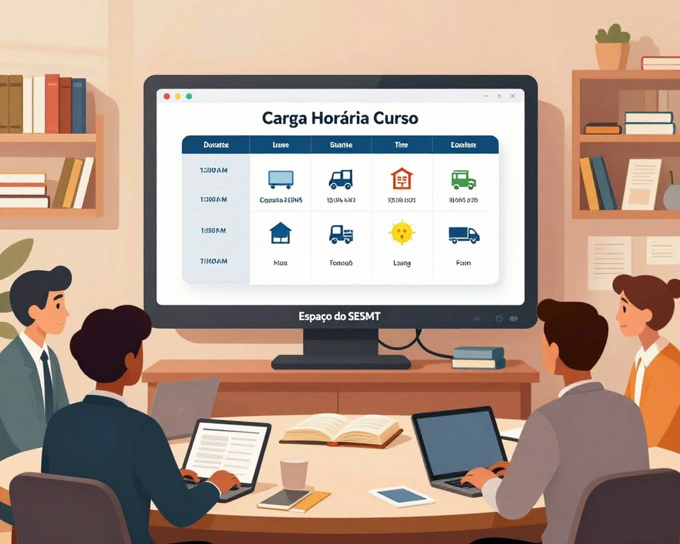 A professional and engaging illustration depicting the concept of "Carga Horária Curso" related to the transportation of indivisible loads, featuring a digital classroom setting. In the foreground, a diverse group of adult students in business attire attentively engaging with a digital interface displaying course modules, hours, and highlights. In the middle, a large monitor shows a visually appealing infographic about course duration and schedule, with icons representing various transport vehicles. The background features shelves filled with books and educational materials about logistics, with soft, warm lighting to create an inviting atmosphere. Include the company name "Espaço do SESMT" prominently displayed on the monitor. The mood should be motivational and focused, illustrating an interactive learning environment. A professional and engaging illustration depicting the concept of "Carga Horária Curso" related to the transportation of indivisible loads, featuring a digital classroom setting. In the foreground, a diverse group of adult students in business attire attentively engaging with a digital interface displaying course modules, hours, and highlights. In the middle, a large monitor shows a visually appealing infographic about course duration and schedule, with icons representing various transport vehicles. The background features shelves filled with books and educational materials about logistics, with soft, warm lighting to create an inviting atmosphere. Include the company name "Espaço do SESMT" prominently displayed on the monitor. The mood should be motivational and focused, illustrating an interactive learning environment.