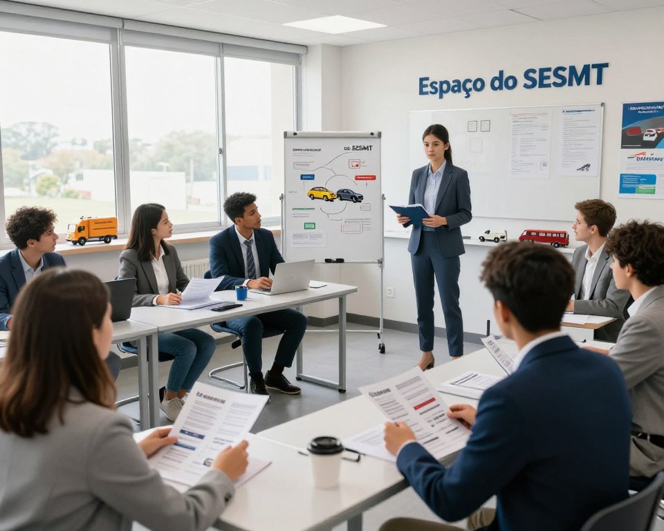 A professional and engaging training environment showcasing a modern classroom setup for a passenger transport course, emphasizing the branding of "Espaço do SESMT". In the foreground, a diverse group of students, dressed in professional business attire, actively participating in a discussion and examining transport manuals. The middle ground features a large whiteboard with diagrams related to passenger transport services. In the background, large windows let in bright, natural light, creating an inviting atmosphere. The room is well-organized, with transport models and educational posters on the walls. Use a wide-angle lens to capture the dynamic interaction among participants and the educational ambiance. The overall mood is focused and encouraging, promoting a sense of learning and progression in the course. A professional and engaging training environment showcasing a modern classroom setup for a passenger transport course, emphasizing the branding of "Espaço do SESMT". In the foreground, a diverse group of students, dressed in professional business attire, actively participating in a discussion and examining transport manuals. The middle ground features a large whiteboard with diagrams related to passenger transport services. In the background, large windows let in bright, natural light, creating an inviting atmosphere. The room is well-organized, with transport models and educational posters on the walls. Use a wide-angle lens to capture the dynamic interaction among participants and the educational ambiance. The overall mood is focused and encouraging, promoting a sense of learning and progression in the course.