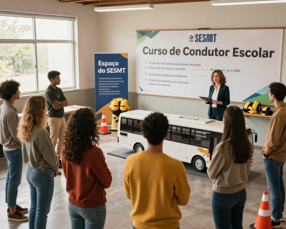 A professional and inviting training environment for a "Curso de Condutor Escolar" is illustrated. In the foreground, a diverse group of adults in smart casual attire attentively listens to an instructor standing beside a bus model. The instructor, a middle-aged woman with a clipboard, engages with her audience, highlighting the course's structure and duration. In the middle ground, a large banner displaying "Espaço do SESMT" emphasizes the organization promoting the course. The background features an indoor training facility with realistic details like traffic cones and safety gear. Soft, natural lighting filters through large windows, creating a warm and supportive atmosphere, while a wide-angle perspective captures the essence of learning and collaboration. A professional and inviting training environment for a "Curso de Condutor Escolar" is illustrated. In the foreground, a diverse group of adults in smart casual attire attentively listens to an instructor standing beside a bus model. The instructor, a middle-aged woman with a clipboard, engages with her audience, highlighting the course's structure and duration. In the middle ground, a large banner displaying "Espaço do SESMT" emphasizes the organization promoting the course. The background features an indoor training facility with realistic details like traffic cones and safety gear. Soft, natural lighting filters through large windows, creating a warm and supportive atmosphere, while a wide-angle perspective captures the essence of learning and collaboration.