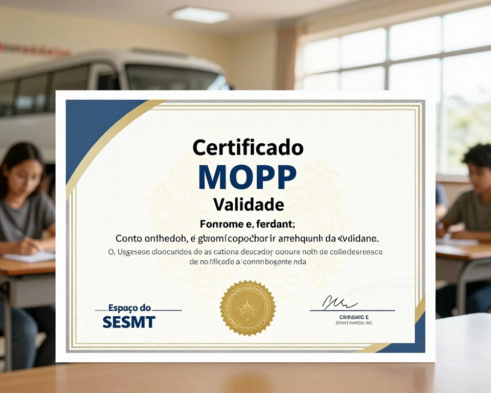 A professional certificate titled "Certificado MOPP Validade" displayed prominently in the foreground, emphasizing its official nature. The certificate features intricate design elements like a watermark and gold foil accents, enhancing its authenticity. In the middle ground, a subtle representation of a heavy vehicle, such as a large truck or bus, subtly hints at the context of the MOPP course. In the background, a soft-focus classroom setting with students engaged in a learning environment, creating an atmosphere of education and professionalism. The lighting is warm and inviting, simulating natural daylight flooding through a window. The brand name "Espaço do SESMT" is subtly integrated into the design of the certificate, reinforcing its association with online courses. Aim for a clean and polished visual, embodying professionalism and educational value. A professional certificate titled "Certificado MOPP Validade" displayed prominently in the foreground, emphasizing its official nature. The certificate features intricate design elements like a watermark and gold foil accents, enhancing its authenticity. In the middle ground, a subtle representation of a heavy vehicle, such as a large truck or bus, subtly hints at the context of the MOPP course. In the background, a soft-focus classroom setting with students engaged in a learning environment, creating an atmosphere of education and professionalism. The lighting is warm and inviting, simulating natural daylight flooding through a window. The brand name "Espaço do SESMT" is subtly integrated into the design of the certificate, reinforcing its association with online courses. Aim for a clean and polished visual, embodying professionalism and educational value.