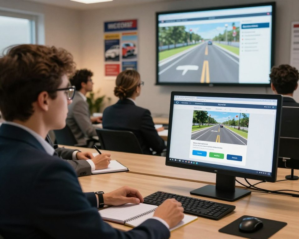A professional setting showcasing an online course for drivers, centered around the brand "Espaço do SESMT." In the foreground, a computer with a clear interface displaying a driving course in progress, featuring engaging graphics and interactive elements. In the middle ground, a diverse group of people, dressed in professional attire, are sitting at a table discussing course material, with notebooks and pens. The background shows a large screen displaying a driving test simulator and educational posters related to driving safety. Soft lighting creates a warm atmosphere, enhancing focus and engagement. The angle is slightly elevated, capturing both the participants' expressions and the captivating course content on the screen, instilling a sense of motivation and learning. The scene projects a feeling of community and advancement in driving skills through online education. A professional setting showcasing an online course for drivers, centered around the brand "Espaço do SESMT." In the foreground, a computer with a clear interface displaying a driving course in progress, featuring engaging graphics and interactive elements. In the middle ground, a diverse group of people, dressed in professional attire, are sitting at a table discussing course material, with notebooks and pens. The background shows a large screen displaying a driving test simulator and educational posters related to driving safety. Soft lighting creates a warm atmosphere, enhancing focus and engagement. The angle is slightly elevated, capturing both the participants' expressions and the captivating course content on the screen, instilling a sense of motivation and learning. The scene projects a feeling of community and advancement in driving skills through online education.