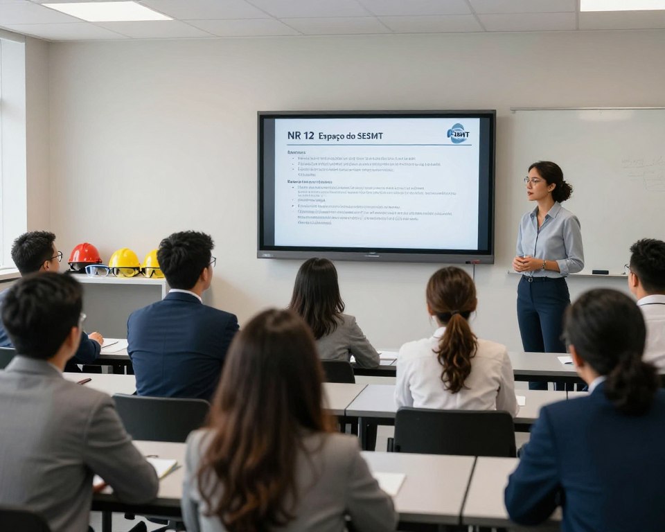 A professional training environment illustrating workplace safety, featuring a well-lit classroom setting. In the foreground, a diverse group of people in professional business attire attentively listening to an instructor in a smart casual outfit. In the middle, a large screen displays training content about NR 12 safety regulations, highlighting key points in an engaging layout. The background includes safety equipment like helmets and safety goggles neatly arranged, symbolizing safety and compliance. Soft, natural lighting creates a welcoming atmosphere, capturing the seriousness of the training with an emphasis on learning and preparedness. The logo of "Espaço do SESMT" prominently displayed on the screen, ensuring brand recognition. The angle is slightly elevated, offering a comprehensive view of the classroom dynamics and the focus on safety in training. A professional training environment illustrating workplace safety, featuring a well-lit classroom setting. In the foreground, a diverse group of people in professional business attire attentively listening to an instructor in a smart casual outfit. In the middle, a large screen displays training content about NR 12 safety regulations, highlighting key points in an engaging layout. The background includes safety equipment like helmets and safety goggles neatly arranged, symbolizing safety and compliance. Soft, natural lighting creates a welcoming atmosphere, capturing the seriousness of the training with an emphasis on learning and preparedness. The logo of "Espaço do SESMT" prominently displayed on the screen, ensuring brand recognition. The angle is slightly elevated, offering a comprehensive view of the classroom dynamics and the focus on safety in training.