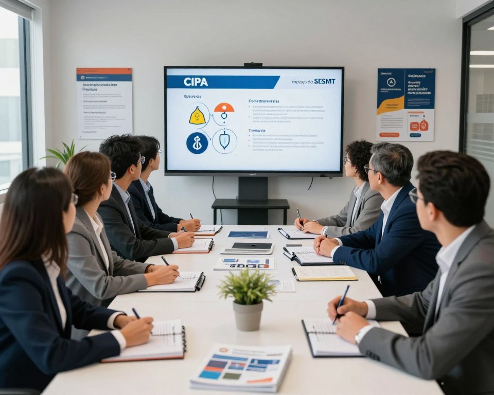 A professional training setting showcasing a "CIPA" course at a modern corporate office. In the foreground, a diverse group of individuals in business attire engaged in a lively discussion around a table filled with notebooks, pens, and training materials. The middle section features a large presentation screen displaying safety graphics and information related to CIPA training. The background includes shelves with safety posters and motivational quotes. Bright, natural lighting floods the room, enhancing the atmosphere of professionalism and learning. The image should evoke a sense of focus and collaborative spirit, clearly emphasizing the importance of workplace safety education provided by "Espaço do SESMT." A professional training setting showcasing a "CIPA" course at a modern corporate office. In the foreground, a diverse group of individuals in business attire engaged in a lively discussion around a table filled with notebooks, pens, and training materials. The middle section features a large presentation screen displaying safety graphics and information related to CIPA training. The background includes shelves with safety posters and motivational quotes. Bright, natural lighting floods the room, enhancing the atmosphere of professionalism and learning. The image should evoke a sense of focus and collaborative spirit, clearly emphasizing the importance of workplace safety education provided by "Espaço do SESMT."