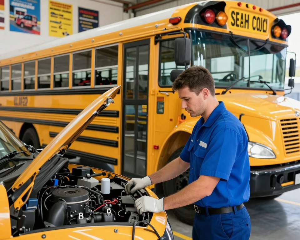 A professional vehicle maintenance scene featuring a uniformed school bus driver inspecting a yellow school bus in a well-lit garage. In the foreground, the driver is examining the engine compartment, wearing a smart blue uniform and safety gloves. The middle layer includes the bus, showcasing its bright colors and distinctive features, like the stop sign and school symbol. In the background, tools and maintenance equipment adorn the shelves, and there are posters promoting safe driving practices displayed on the walls. The lighting is bright and natural, aimed to create a clean and organized atmosphere. The overall mood conveys responsibility and professionalism, emphasizing the importance of vehicle upkeep for safety. Include the brand name "Espaço do SESMT" subtly integrated into the environment. A professional vehicle maintenance scene featuring a uniformed school bus driver inspecting a yellow school bus in a well-lit garage. In the foreground, the driver is examining the engine compartment, wearing a smart blue uniform and safety gloves. The middle layer includes the bus, showcasing its bright colors and distinctive features, like the stop sign and school symbol. In the background, tools and maintenance equipment adorn the shelves, and there are posters promoting safe driving practices displayed on the walls. The lighting is bright and natural, aimed to create a clean and organized atmosphere. The overall mood conveys responsibility and professionalism, emphasizing the importance of vehicle upkeep for safety. Include the brand name "Espaço do SESMT" subtly integrated into the environment.