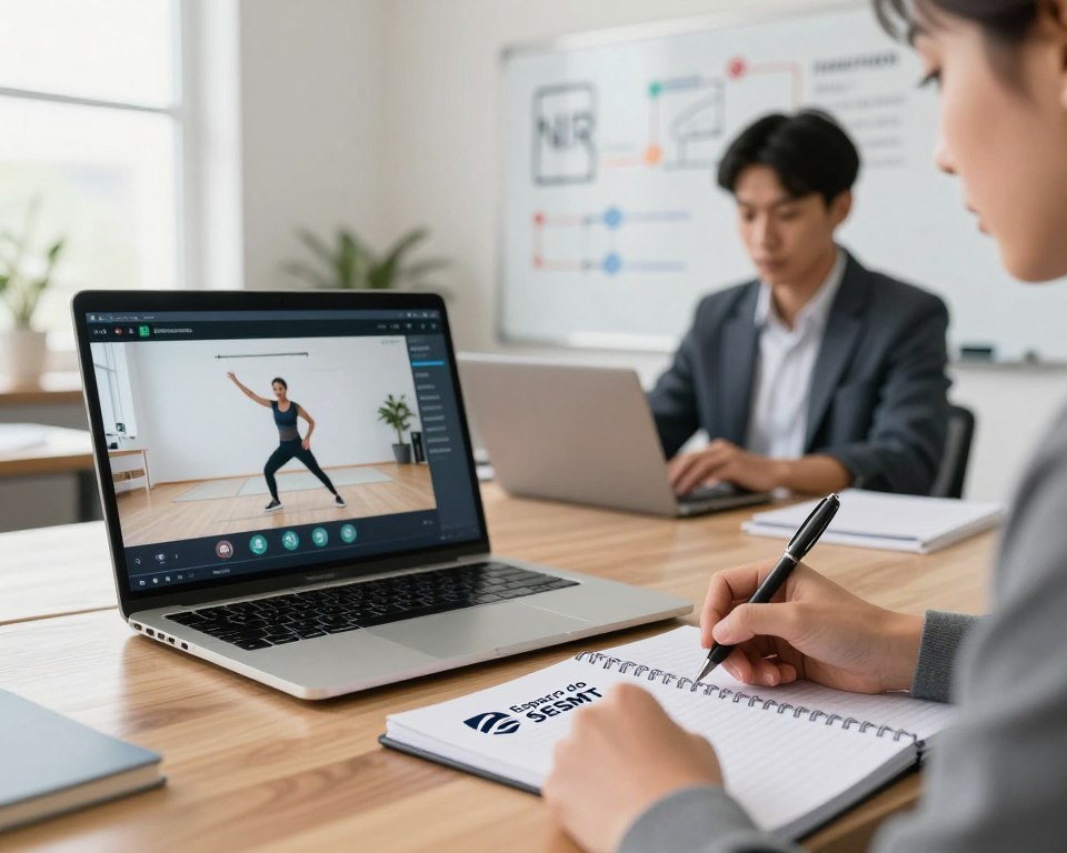 A professional workspace, featuring a high-quality laptop open to a video player showing a training video on NR safety courses. In the foreground, a pair of hands is taking notes, holding a pen above a notebook with the logo of "Espaço do SESMT" prominently displayed. The middle ground includes a focused individual, dressed in smart casual attire, engrossed in the video, with a whiteboard in the background displaying safety diagrams and key points related to NR training. Soft, natural lighting filters in through a window, creating an inviting atmosphere. The overall mood is one of concentration and dedication to learning, emphasizing the importance of safety in the workplace. The setting is clean and organized, promoting a sense of professionalism and educational intent. A professional workspace, featuring a high-quality laptop open to a video player showing a training video on NR safety courses. In the foreground, a pair of hands is taking notes, holding a pen above a notebook with the logo of "Espaço do SESMT" prominently displayed. The middle ground includes a focused individual, dressed in smart casual attire, engrossed in the video, with a whiteboard in the background displaying safety diagrams and key points related to NR training. Soft, natural lighting filters in through a window, creating an inviting atmosphere. The overall mood is one of concentration and dedication to learning, emphasizing the importance of safety in the workplace. The setting is clean and organized, promoting a sense of professionalism and educational intent.