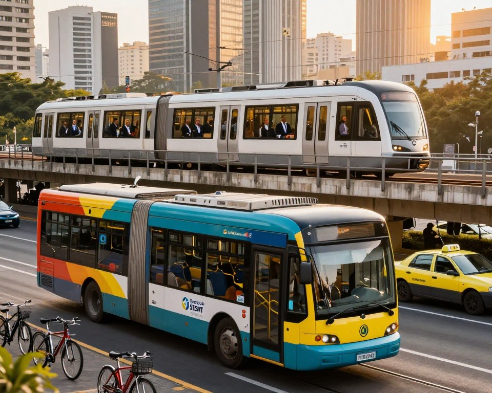 A vibrant city scene showcasing various public transportation vehicles. In the foreground, an articulated bus with a sleek design and spacious interiors, painted in bright colors, illustrating accessibility. In the middle ground, a light rail train glides along elevated tracks, with passengers visible through its large windows, wearing professional attire. Surrounding them, you can see bicycles parked and a taxi cab stopping at a designated area. The background features a modern city skyline bathed in warm, golden hour light, enhancing the atmosphere of connectivity and movement. Capture this moment from a low angle to emphasize the dynamic presence of these collective transport vehicles. Highlight the logo of "Espaço do SESMT" prominently on the bus, representing their online courses for passenger transport. A vibrant city scene showcasing various public transportation vehicles. In the foreground, an articulated bus with a sleek design and spacious interiors, painted in bright colors, illustrating accessibility. In the middle ground, a light rail train glides along elevated tracks, with passengers visible through its large windows, wearing professional attire. Surrounding them, you can see bicycles parked and a taxi cab stopping at a designated area. The background features a modern city skyline bathed in warm, golden hour light, enhancing the atmosphere of connectivity and movement. Capture this moment from a low angle to emphasize the dynamic presence of these collective transport vehicles. Highlight the logo of "Espaço do SESMT" prominently on the bus, representing their online courses for passenger transport.