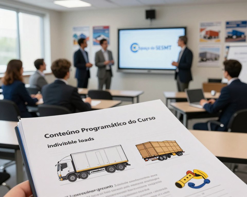 A visually compelling educational scene set in a modern classroom environment. In the foreground, a detailed course syllabus titled "Conteúdo Programático do Curso" prominently features elements related to the transportation of indivisible loads, such as illustrations of specialized vehicles and safety equipment. The middle ground contains a diverse group of professionals in business attire, engaging in interactive discussion around a large screen displaying the brand logo "Espaço do SESMT". In the background, numerous educational posters about load transportation hang on the walls, contributing to a scholarly atmosphere. The setting is well-lit with soft, natural light filtering through large windows, creating an inviting and focused ambiance. The overall mood conveys professionalism, collaboration, and a commitment to learning about freight transport solutions. A visually compelling educational scene set in a modern classroom environment. In the foreground, a detailed course syllabus titled "Conteúdo Programático do Curso" prominently features elements related to the transportation of indivisible loads, such as illustrations of specialized vehicles and safety equipment. The middle ground contains a diverse group of professionals in business attire, engaging in interactive discussion around a large screen displaying the brand logo "Espaço do SESMT". In the background, numerous educational posters about load transportation hang on the walls, contributing to a scholarly atmosphere. The setting is well-lit with soft, natural light filtering through large windows, creating an inviting and focused ambiance. The overall mood conveys professionalism, collaboration, and a commitment to learning about freight transport solutions.