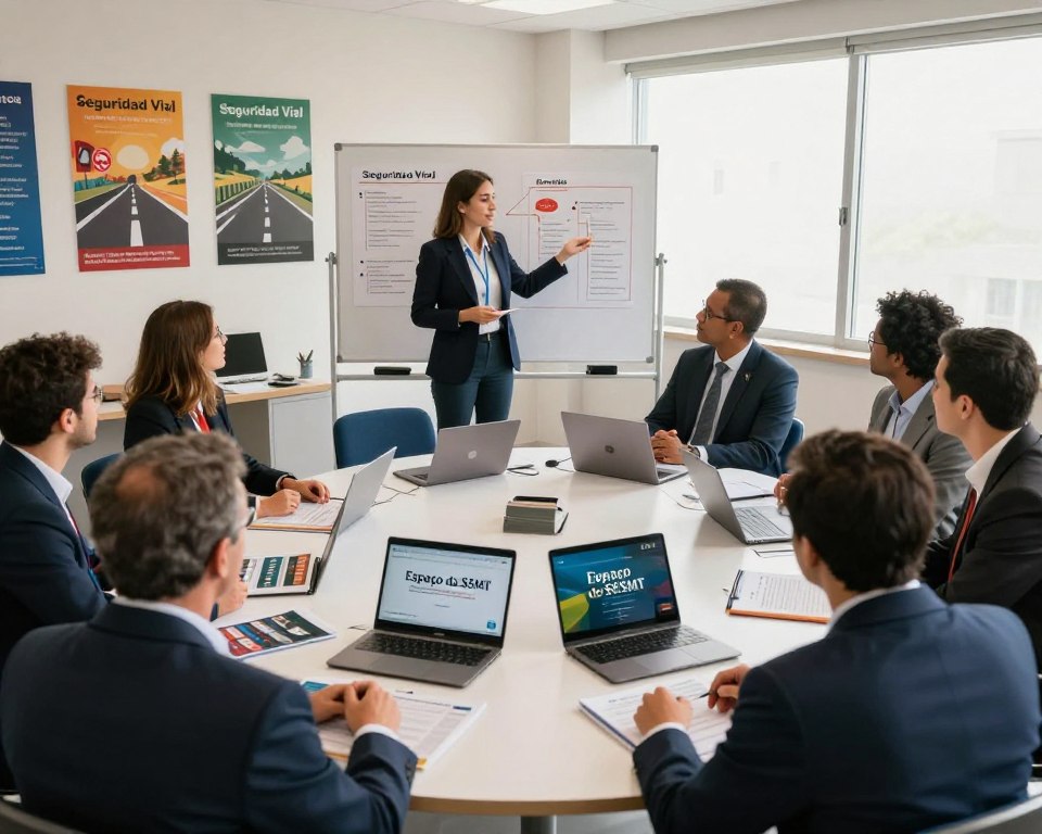 A visually engaging scene showcasing a "Seguridad Vial" training session. In the foreground, a diverse group of professionals, dressed in smart business attire, attentively participating in a workshop about road safety. They are seated at a round table filled with safety pamphlets and digital devices displaying the company brand "Espaço do SESMT". In the middle ground, a knowledgeable instructor stands by a large whiteboard filled with diagrams and information about road safety protocols. The background features a bright, modern training room with motivational posters on the walls emphasizing the importance of road safety. Natural light streams through large windows, creating a warm and inviting atmosphere, with a focus on collaboration and learning. The angle is slightly elevated, capturing the dynamic interaction among the attendees. A visually engaging scene showcasing a "Seguridad Vial" training session. In the foreground, a diverse group of professionals, dressed in smart business attire, attentively participating in a workshop about road safety. They are seated at a round table filled with safety pamphlets and digital devices displaying the company brand "Espaço do SESMT". In the middle ground, a knowledgeable instructor stands by a large whiteboard filled with diagrams and information about road safety protocols. The background features a bright, modern training room with motivational posters on the walls emphasizing the importance of road safety. Natural light streams through large windows, creating a warm and inviting atmosphere, with a focus on collaboration and learning. The angle is slightly elevated, capturing the dynamic interaction among the attendees.