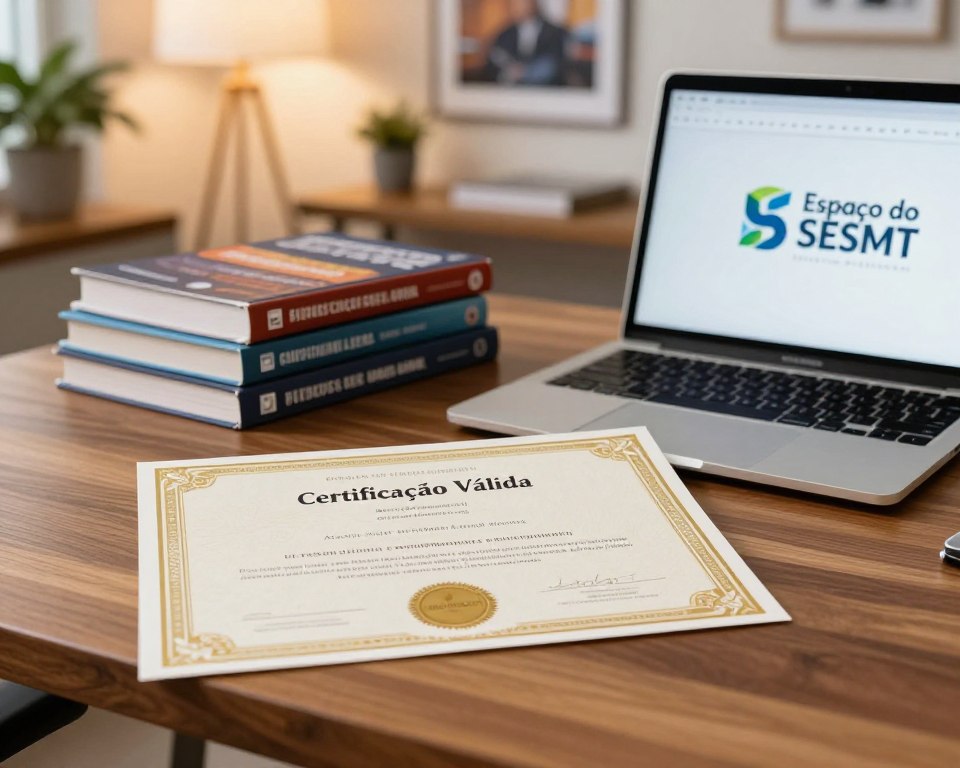 A visually striking certificate labeled "Certificação Válida" prominently displayed in the foreground, featuring gold foil accents and intricate borders. The certificate rests on a polished wooden desk alongside a professional laptop displaying the logo of "Espaço do SESMT" to signify online courses. In the middle ground, a neatly organized stack of books related to specialized courses is visible, emphasizing education and professionalism. The background showcases a softly lit office environment with potted plants and a motivational poster about learning. The lighting is warm and inviting, creating a positive ambiance. The composition uses a slightly angled view to draw the eye toward the certification, highlighting its importance in professional development. A visually striking certificate labeled "Certificação Válida" prominently displayed in the foreground, featuring gold foil accents and intricate borders. The certificate rests on a polished wooden desk alongside a professional laptop displaying the logo of "Espaço do SESMT" to signify online courses. In the middle ground, a neatly organized stack of books related to specialized courses is visible, emphasizing education and professionalism. The background showcases a softly lit office environment with potted plants and a motivational poster about learning. The lighting is warm and inviting, creating a positive ambiance. The composition uses a slightly angled view to draw the eye toward the certification, highlighting its importance in professional development.
