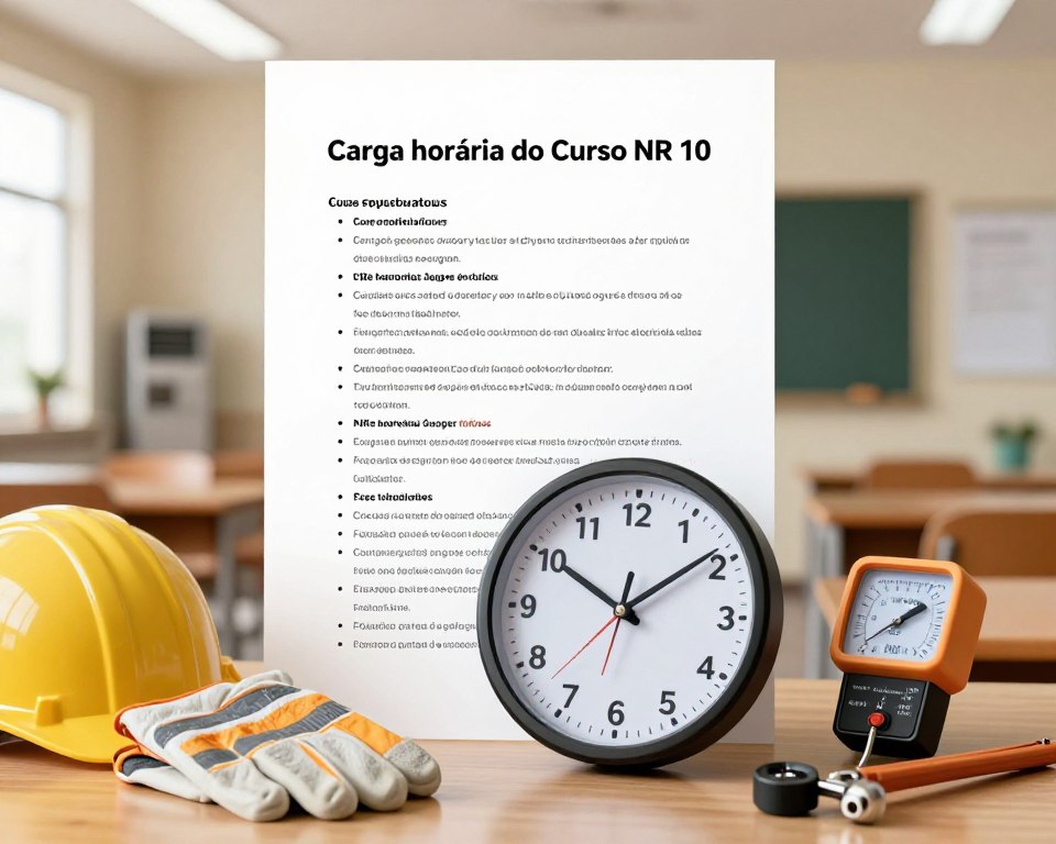 Create an informative and visually striking image representing the "Carga horária do Curso NR 10" for an article on electrical safety training. In the foreground, depict a professional-looking digital clock displaying hours and minutes, symbolizing the course duration, surrounded by various tools associated with electrical work, such as safety gloves and voltage meters. In the middle ground, feature a clear and organized layout of a course syllabus with bullet points highlighting key topics covered in the NR 10 course, emphasizing its importance. The background should showcase a modern classroom or online learning environment, with soft, warm lighting creating an inviting atmosphere, and subtle hints of the brand "Espaço do SESMT" subtly integrated into the classroom decor. Aim for a clean, professional aesthetic that conveys a sense of authority and safety. Create an informative and visually striking image representing the "Carga horária do Curso NR 10" for an article on electrical safety training. In the foreground, depict a professional-looking digital clock displaying hours and minutes, symbolizing the course duration, surrounded by various tools associated with electrical work, such as safety gloves and voltage meters. In the middle ground, feature a clear and organized layout of a course syllabus with bullet points highlighting key topics covered in the NR 10 course, emphasizing its importance. The background should showcase a modern classroom or online learning environment, with soft, warm lighting creating an inviting atmosphere, and subtle hints of the brand "Espaço do SESMT" subtly integrated into the classroom decor. Aim for a clean, professional aesthetic that conveys a sense of authority and safety.