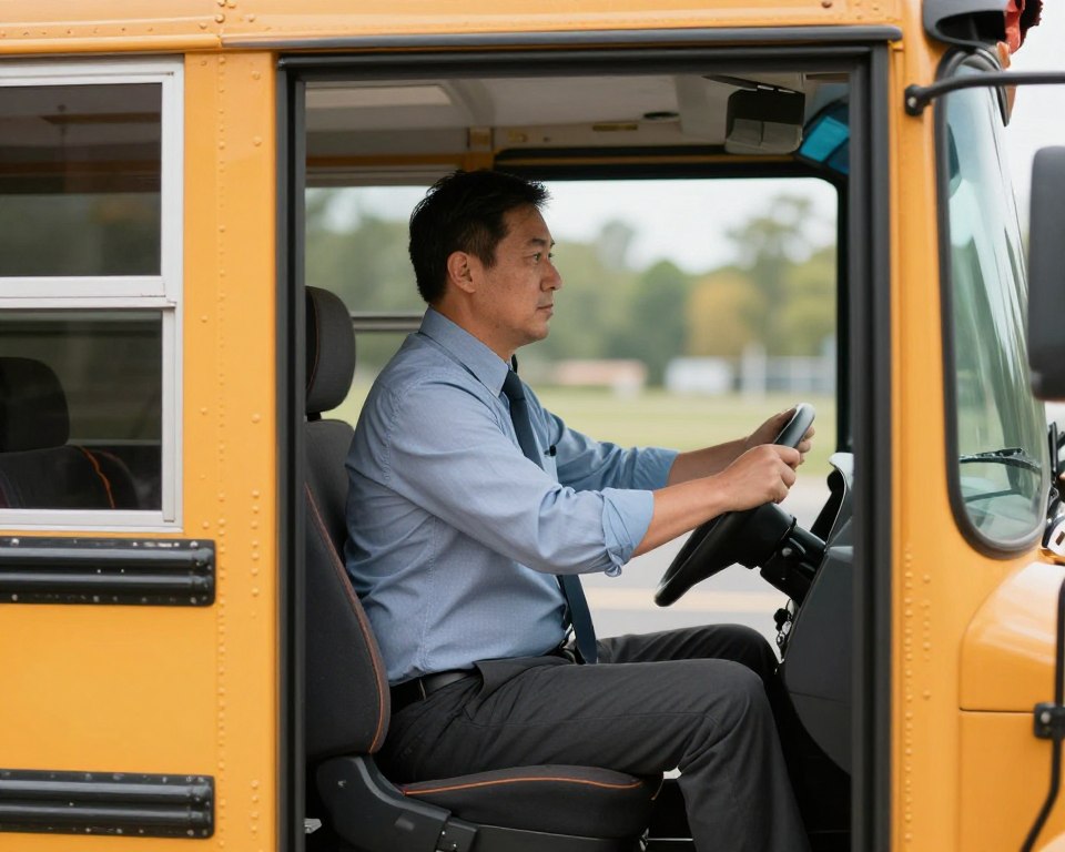 Imagem de um condutor escolar qualificado dirigindo um ônibus escolar Imagem de um condutor escolar qualificado dirigindo um ônibus escolar