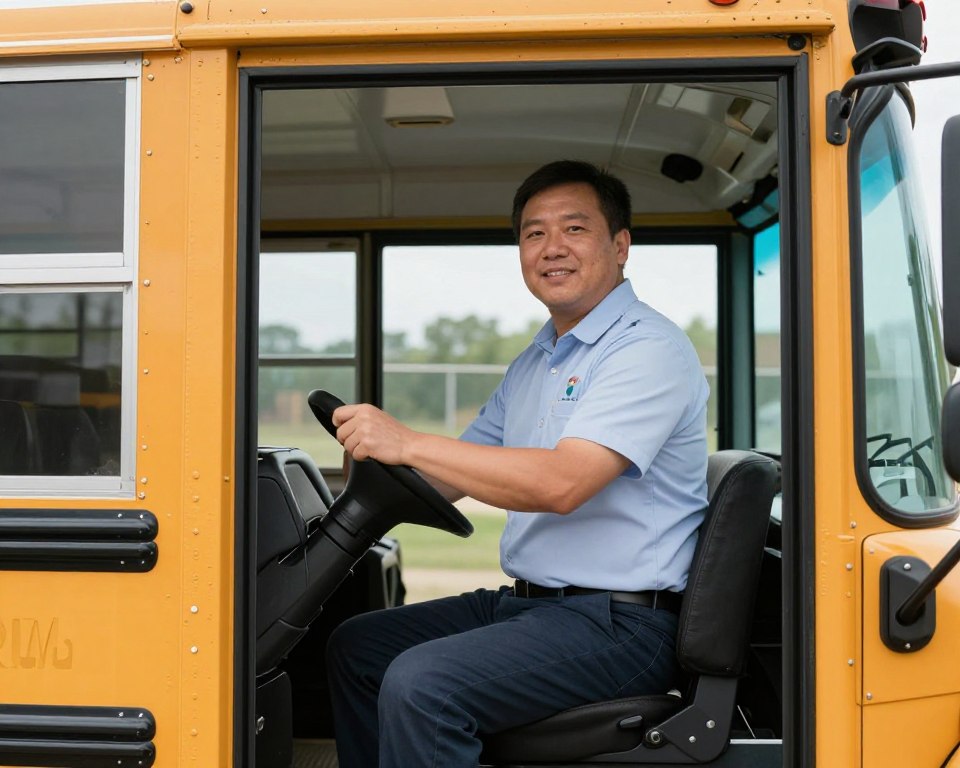 Imagem de um condutor escolar qualificado dirigindo um ônibus escolar Imagem de um condutor escolar qualificado dirigindo um ônibus escolar