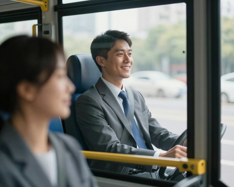 Imagem de um motorista de transporte coletivo sorrindo enquanto dirige um ônibus. Imagem de um motorista de transporte coletivo sorrindo enquanto dirige um ônibus.