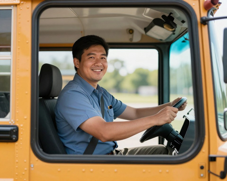 Imagem de um motorista de transporte escolar sorrindo enquanto dirige um ônibus escolar. Imagem de um motorista de transporte escolar sorrindo enquanto dirige um ônibus escolar.