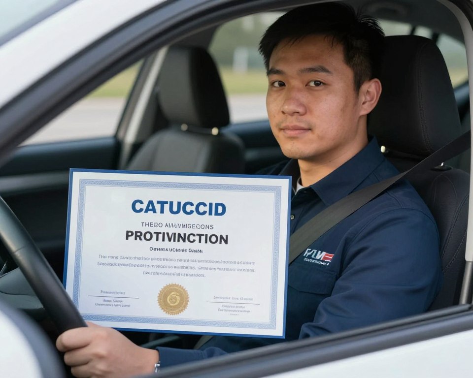 Imagem de um motorista profissional em seu veículo, com um certificado de curso especializado ao lado. Imagem de um motorista profissional em seu veículo, com um certificado de curso especializado ao lado.