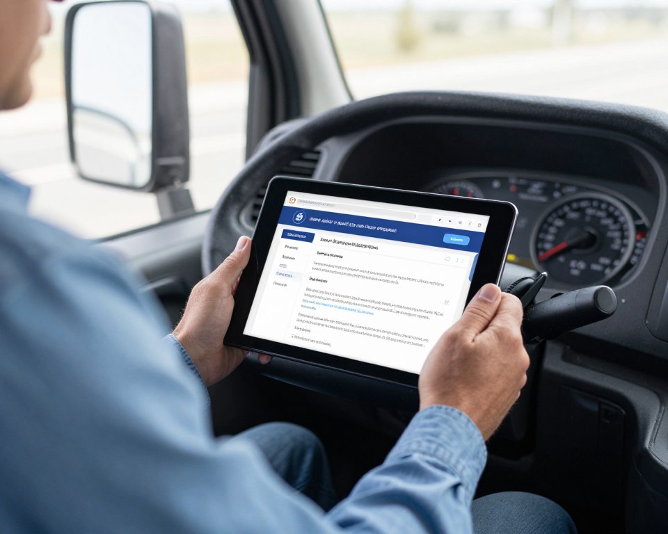 Imagem de um motorista profissional em uma cabine de caminhão com um tablet mostrando um curso de reciclagem Imagem de um motorista profissional em uma cabine de caminhão com um tablet mostrando um curso de reciclagem