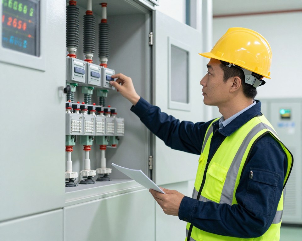 Imagem de um profissional de segurança elétrica em uma subestação. Imagem de um profissional de segurança elétrica em uma subestação.