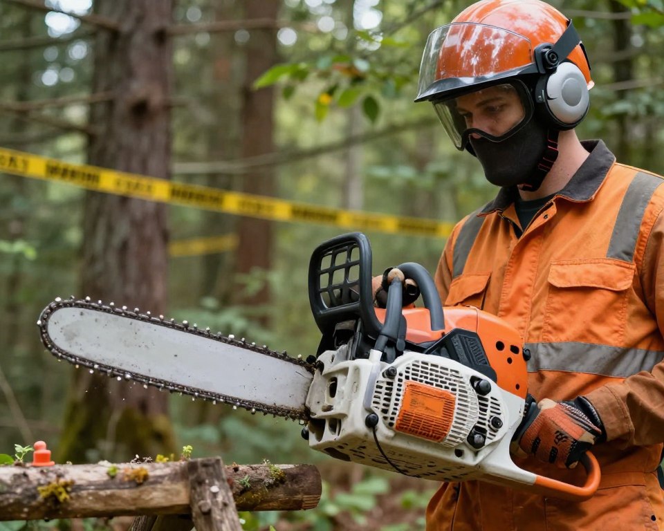 Imagem de um profissional utilizando uma motosserra de forma segura Imagem de um profissional utilizando uma motosserra de forma segura