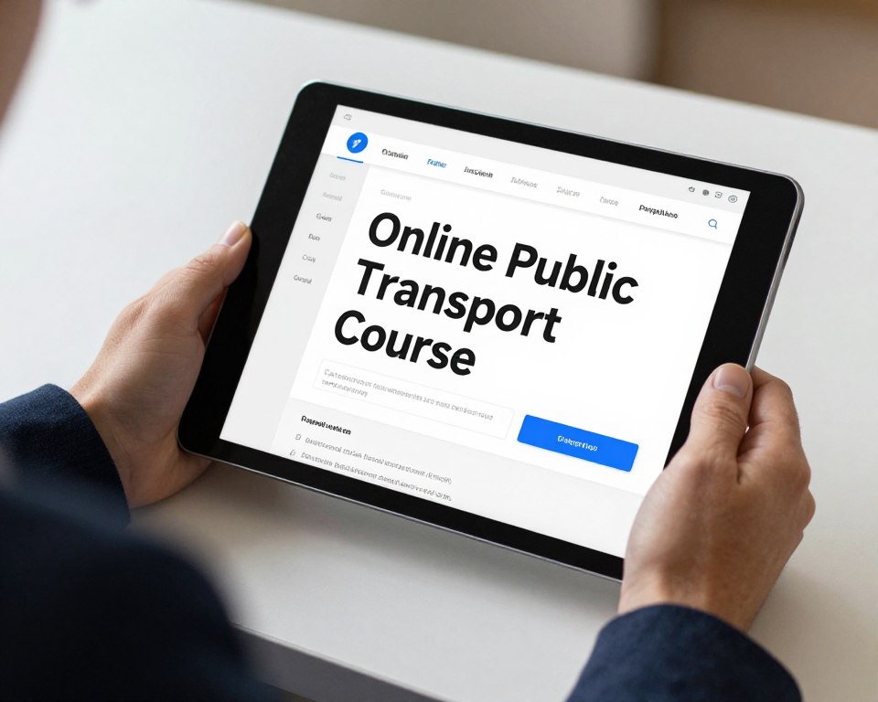 Imagem de uma pessoa estudando em um tablet com o título "Curso de Transporte Coletivo Online" Imagem de uma pessoa estudando em um tablet com o título "Curso de Transporte Coletivo Online"
