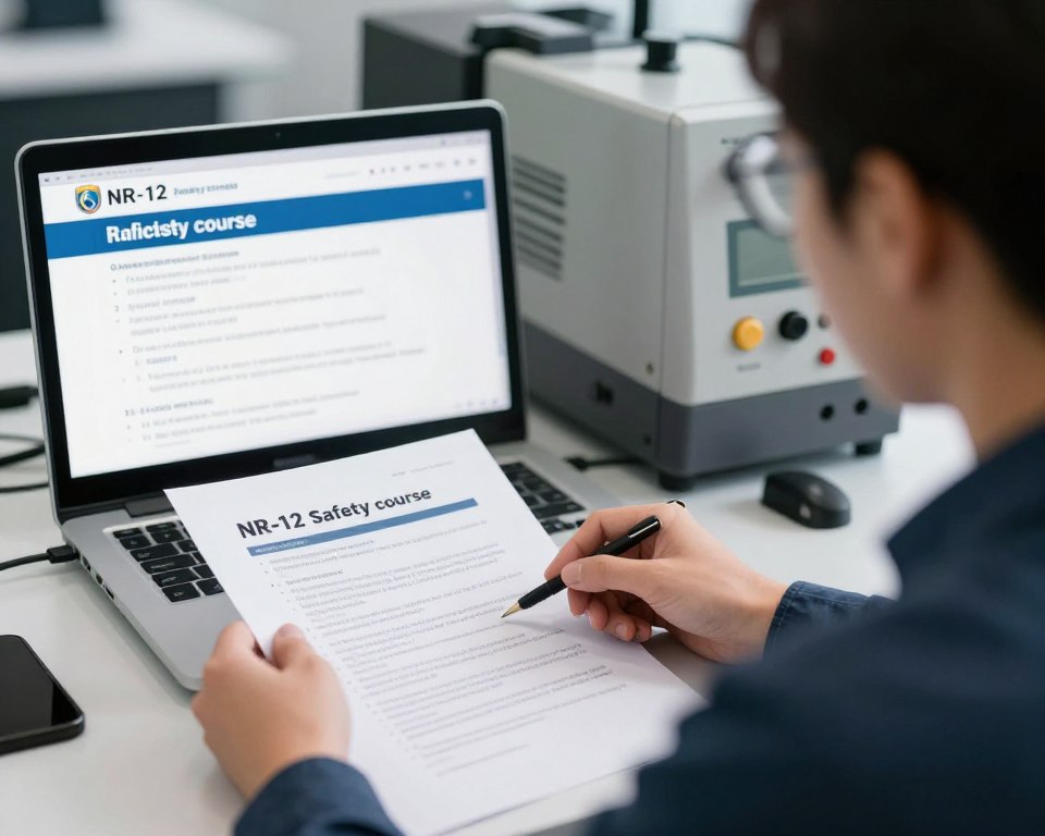 Imagem de um operador de máquina recebendo treinamento em um curso de NR-12 online Imagem de um operador de máquina recebendo treinamento em um curso de NR-12 online